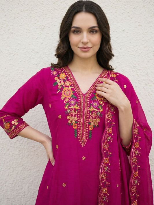 Women Ethnic Motifs Embroidered Regular Thread Work Kurta with Trousers & With Dupatta
