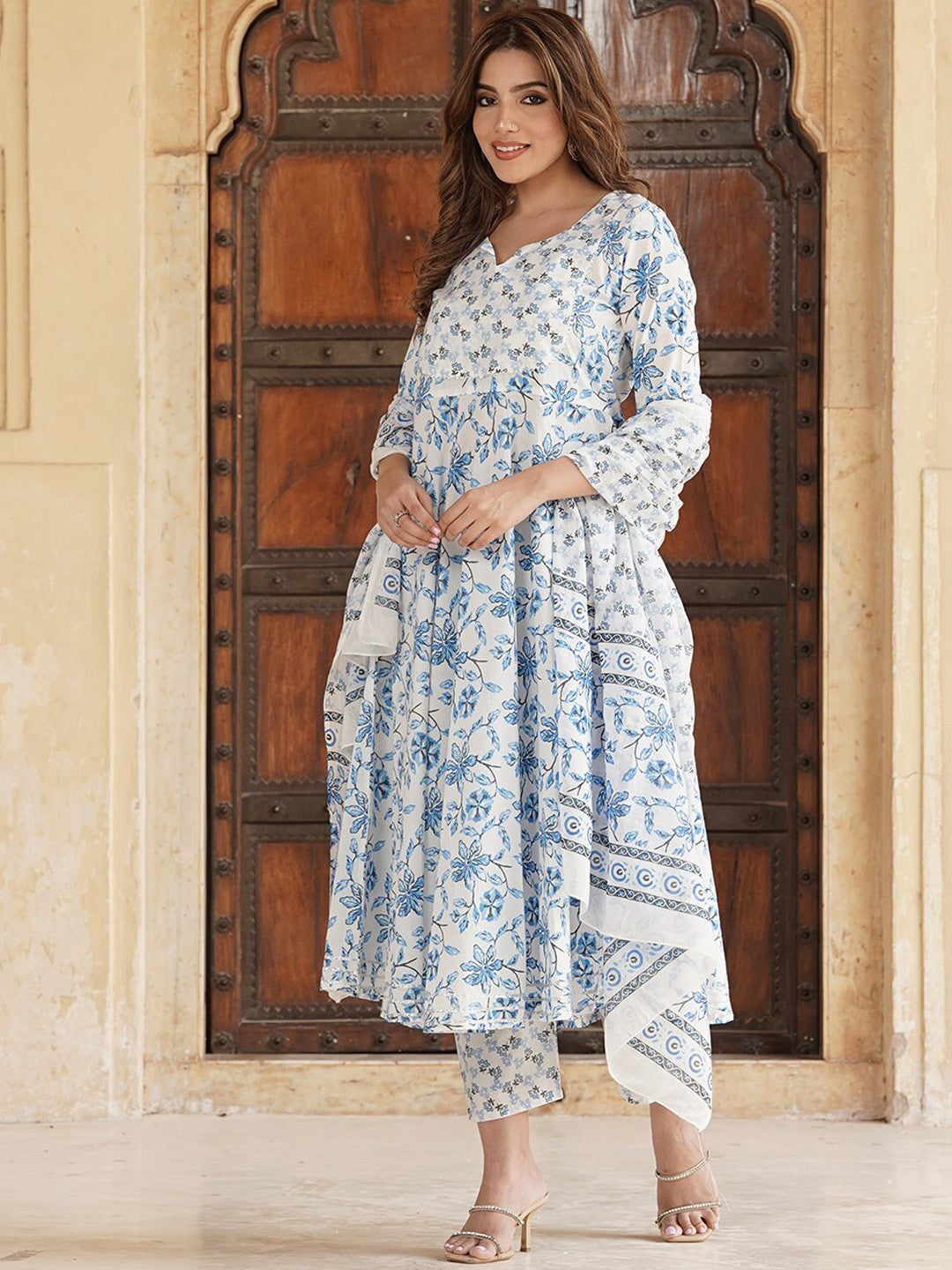 Floral Printed Gotta Patti Pure Cotton Anarkali Kurta with Trousers & Dupatta