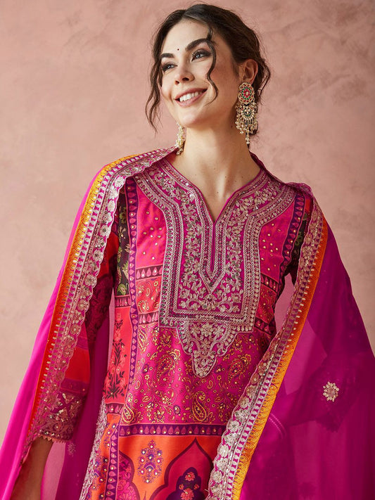 Ethnic Motifs Embroidered Sequinned Georgette Kurta With Palazzo & Dupatta