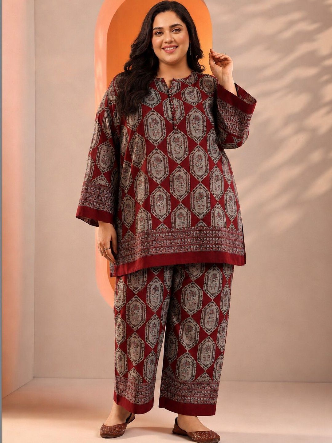 Plus Size Women Ethnic Motifs Printed Kurta with Palazzos & Dupatta