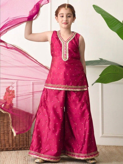Girls Ethnic Motifs Printed Regular Gotta Patti Kurta with Sharara & With Dupatta