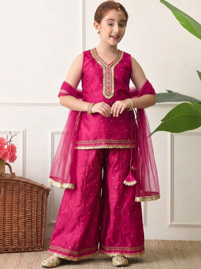 Girls Ethnic Motifs Printed Regular Gotta Patti Kurta with Sharara & With Dupatta