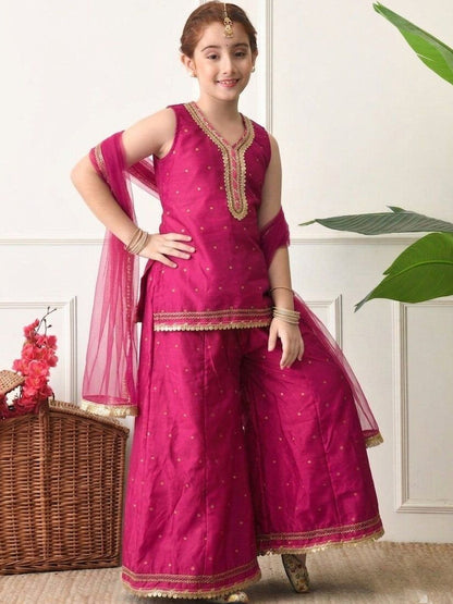Girls Ethnic Motifs Printed Regular Gotta Patti Kurta with Sharara & With Dupatta