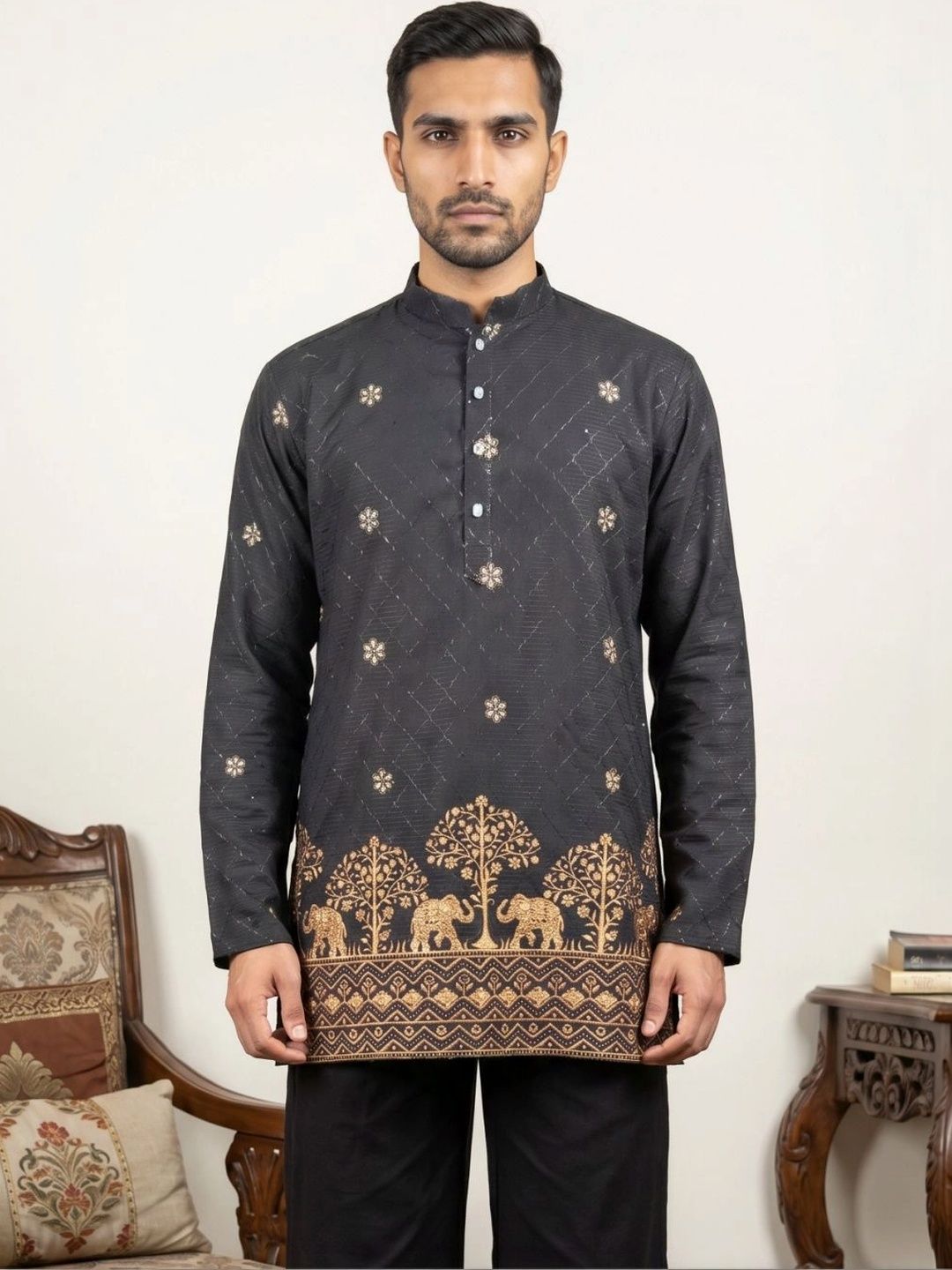 Men Embroidered & Printed Short Kurta