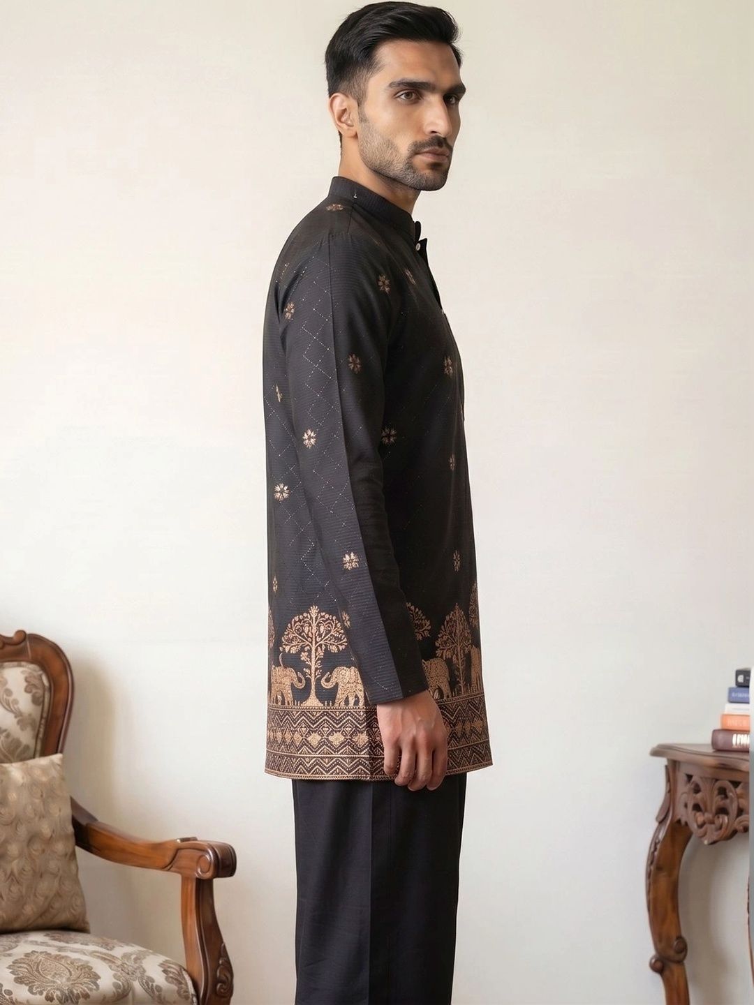 Men Embroidered & Printed Short Kurta