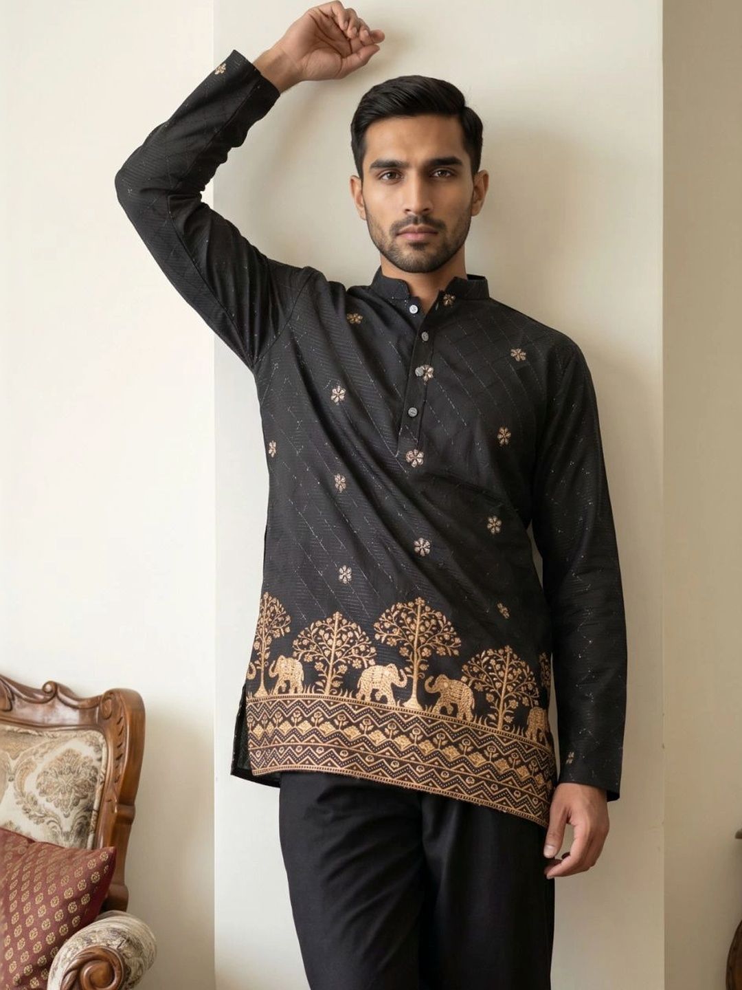 Men Embroidered & Printed Short Kurta