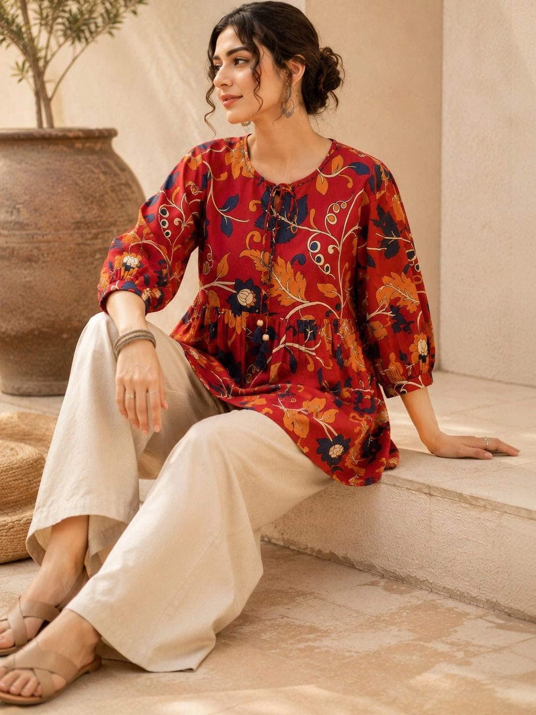 Women Floral Print Puff Sleeve Cotton Top