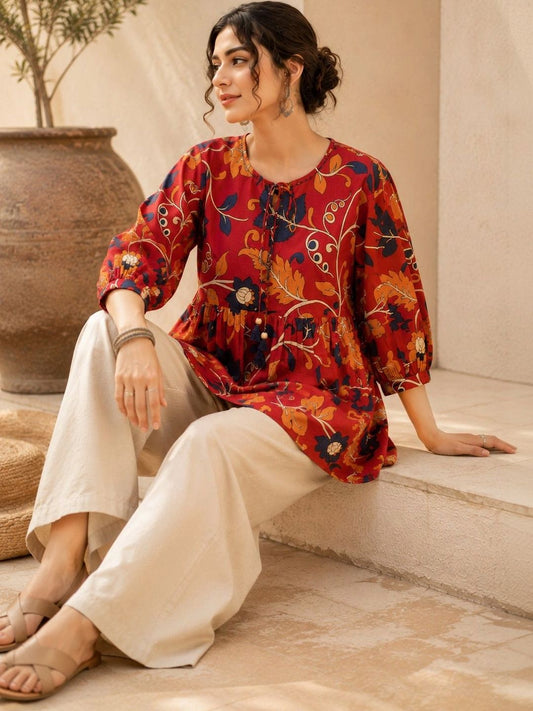 Women Floral Print Puff Sleeve Cotton Top