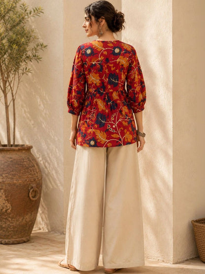 Women Floral Print Puff Sleeve Cotton Top
