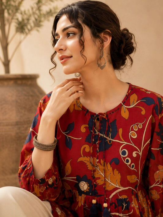 Women Floral Print Puff Sleeve Cotton Top