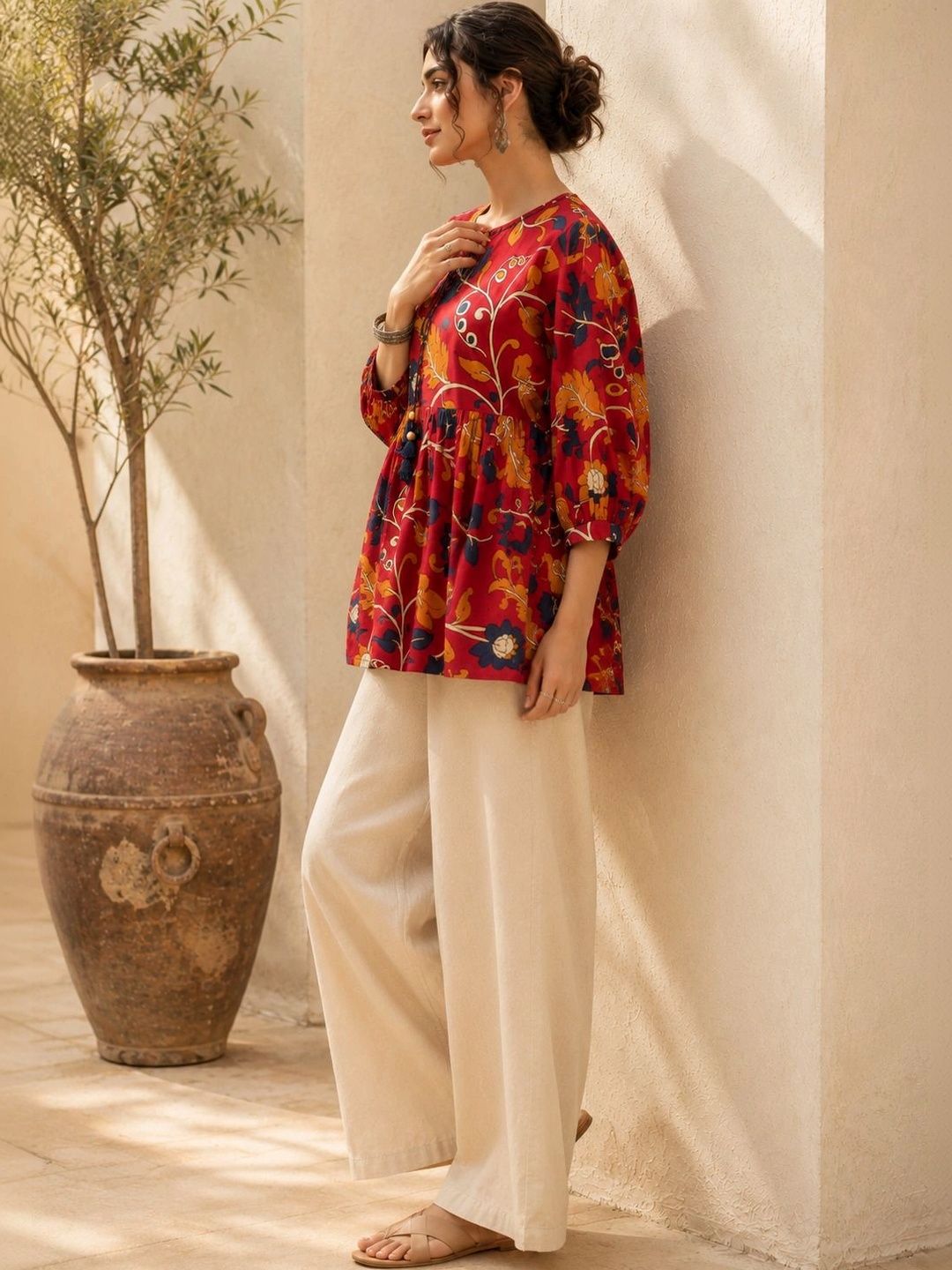 Women Floral Print Puff Sleeve Cotton Top