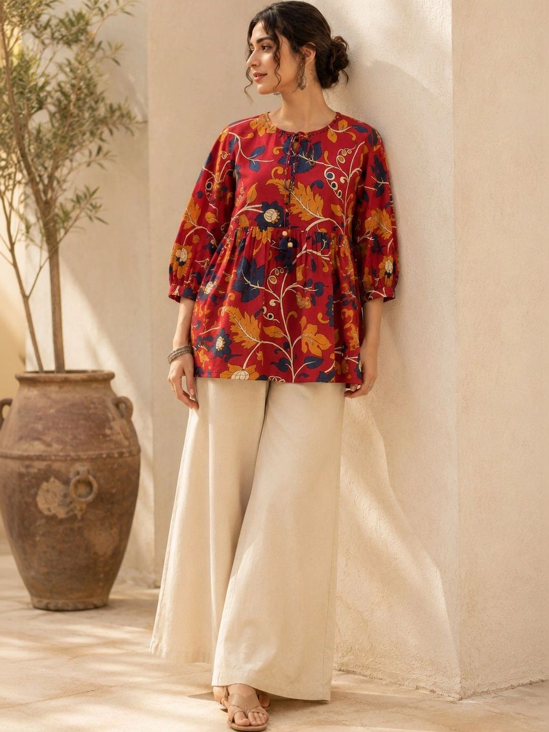 Women Floral Print Puff Sleeve Cotton Top