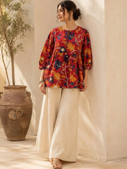 Women Floral Print Puff Sleeve Cotton Top