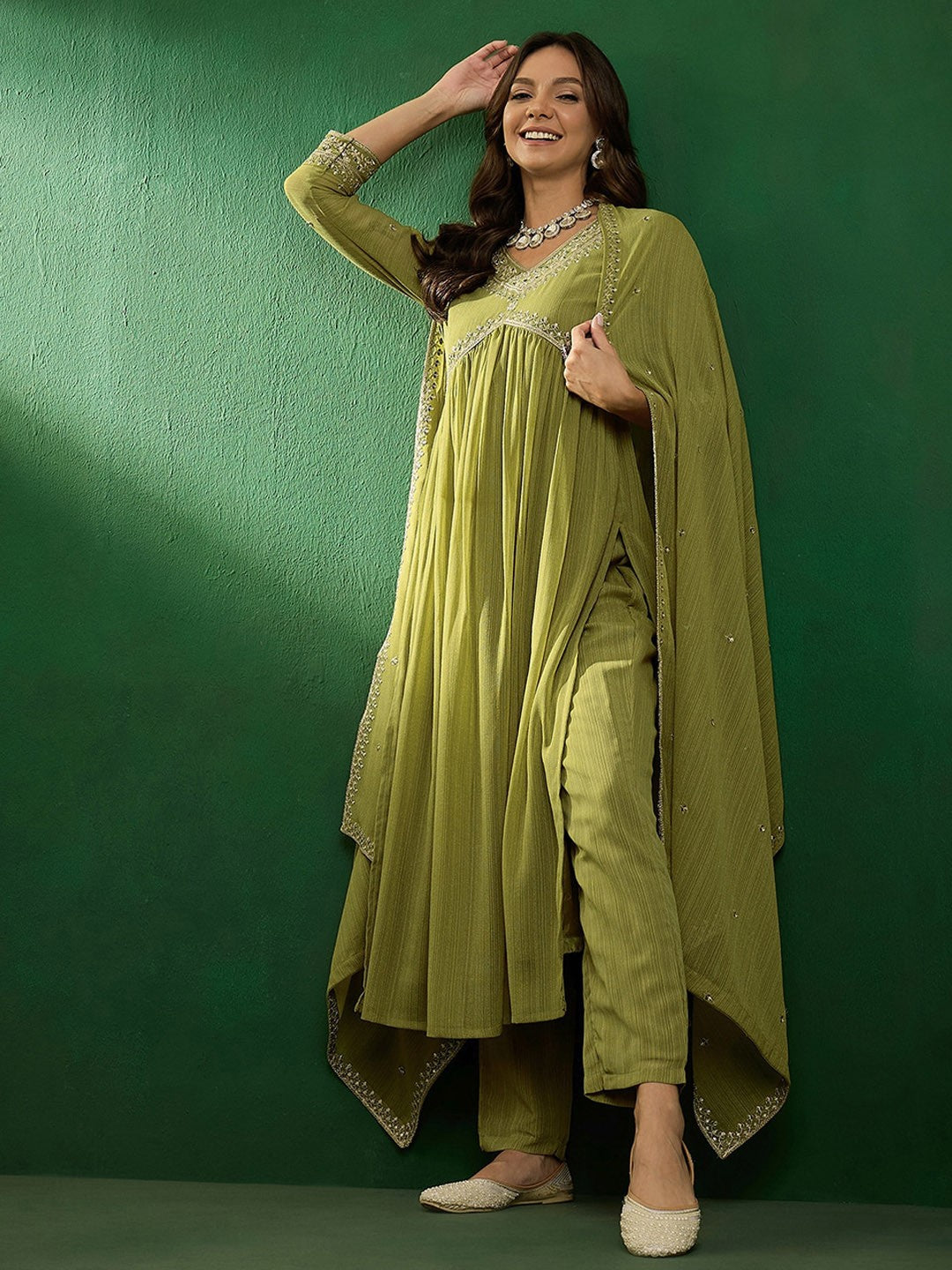 Embroidered V-Neck Kurta With Trousers & Dupatta