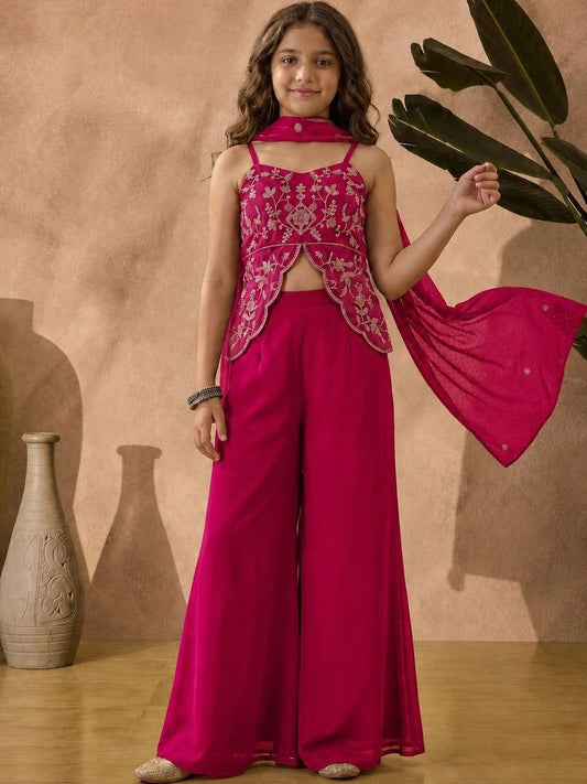 Girls Ethnic Motifs Embroidered Regular Thread Work Silk Georgette Kurti with Palazzos & With