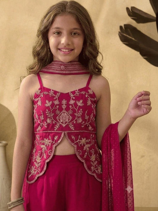 Girls Ethnic Motifs Embroidered Regular Thread Work Silk Georgette Kurti with Palazzos & With Dupatta