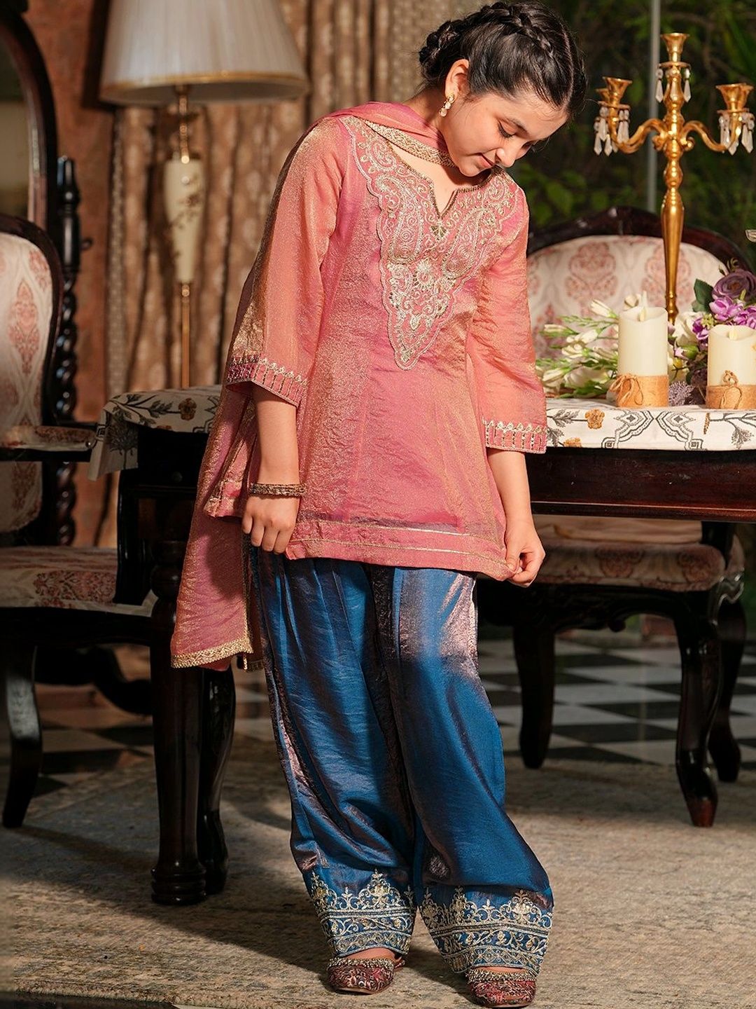 Girls Pink Silk Embroidered Peplum Kurti And Salwar Set With Dupatta