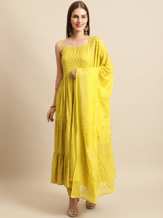 Women Lime Green Ethnic Motifs Printed Pure Cotton Kurta with Trousers & With Dupatta