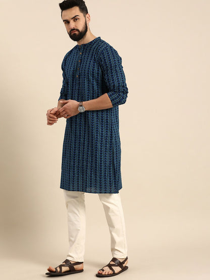 Men Geometric Printed Indigo Pure Cotton Straight Kurta