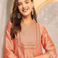 Peach Notch-Neck Floral Embroidered Straight Kurta With Trousers And Dupatta