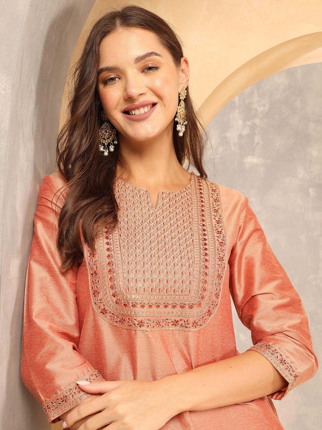 Peach Notch-Neck Floral Embroidered Straight Kurta With Trousers And Dupatta