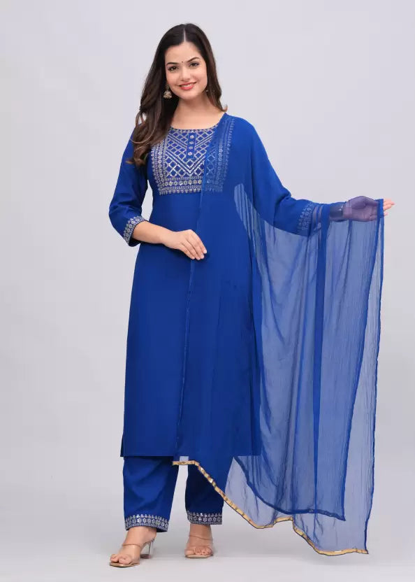 Women Blue Viscose Rayon Kurta Palazzo Dupatta Set