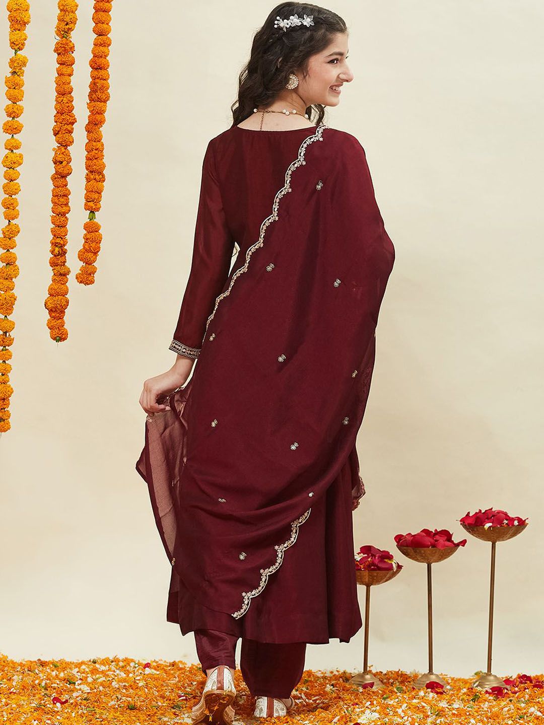 Girls Silk Embroidered Anarkali Kurta and Pant Set with Dupatta