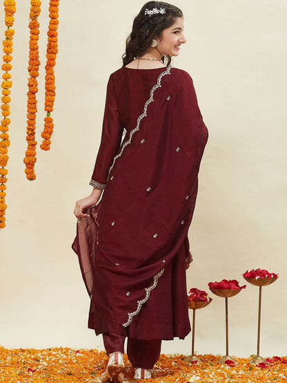 Girls Silk Embroidered Anarkali Kurta and Pant Set with Dupatta