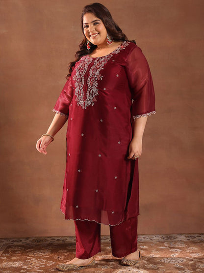 Women Plus Size Embroidered Sequinned Kurta with Trousers & Dupatta