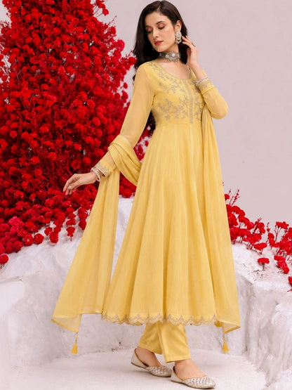 Women Butter Yellow Embroidered Anarkali Kurta And Pant Set With Dupatta