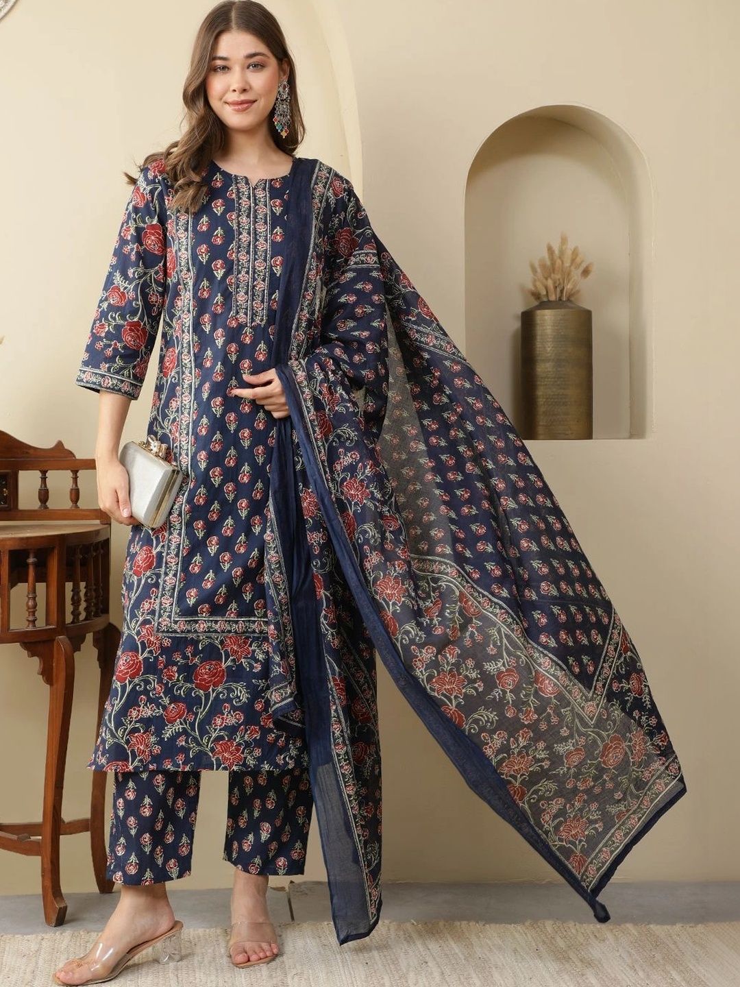 Women Ethnic Motifs Printed Regular Pure Cotton Kurta with Trousers & With Dupatta