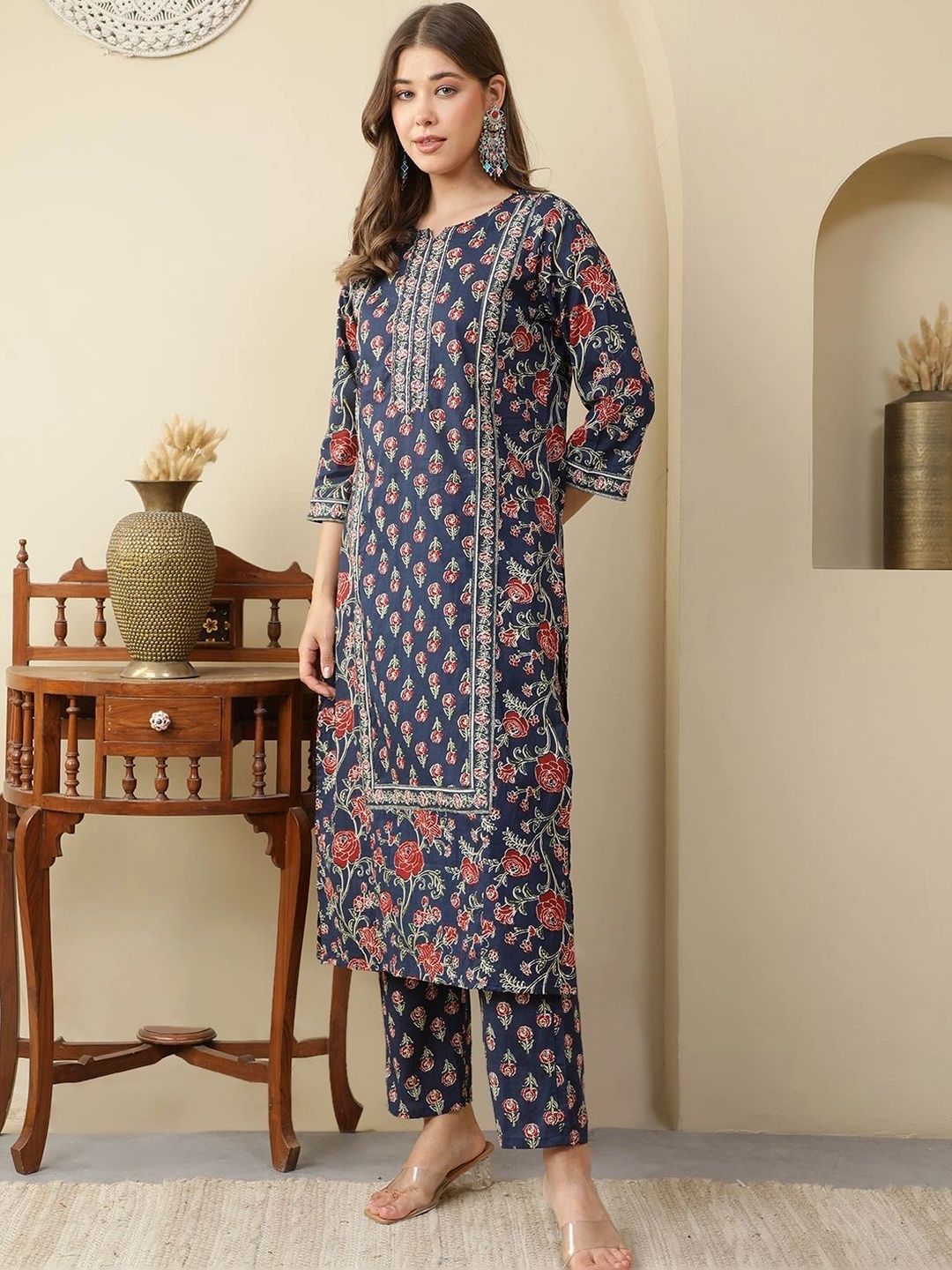 Women Ethnic Motifs Printed Regular Pure Cotton Kurta with Trousers & With Dupatta