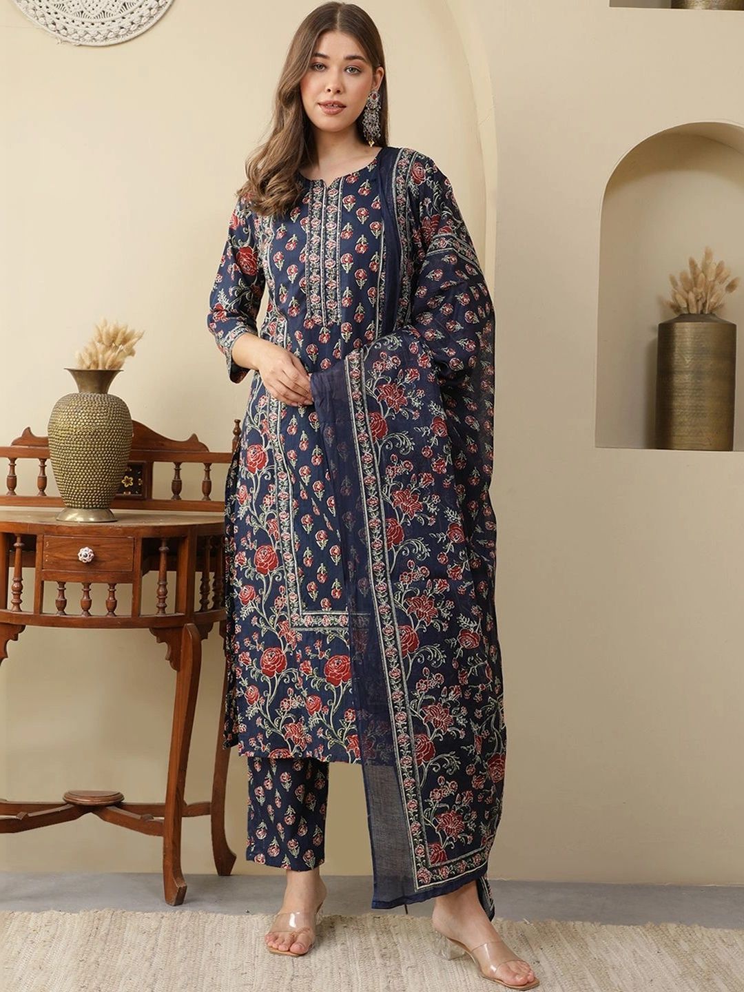 Women Ethnic Motifs Printed Regular Pure Cotton Kurta with Trousers & With Dupatta