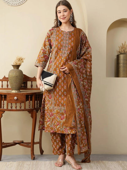 Women Ethnic Motifs Printed Regular Pure Cotton Kurta with Trousers & With Dupatta