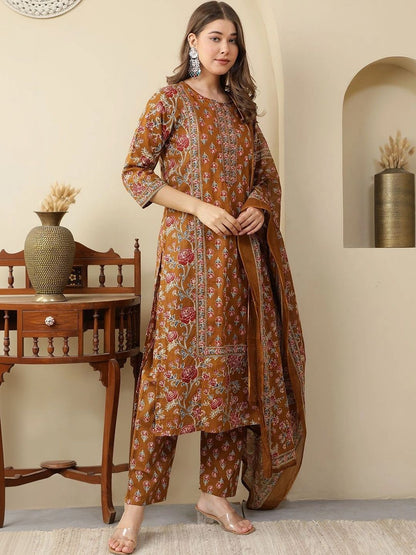 Women Ethnic Motifs Printed Regular Pure Cotton Kurta with Trousers & With Dupatta
