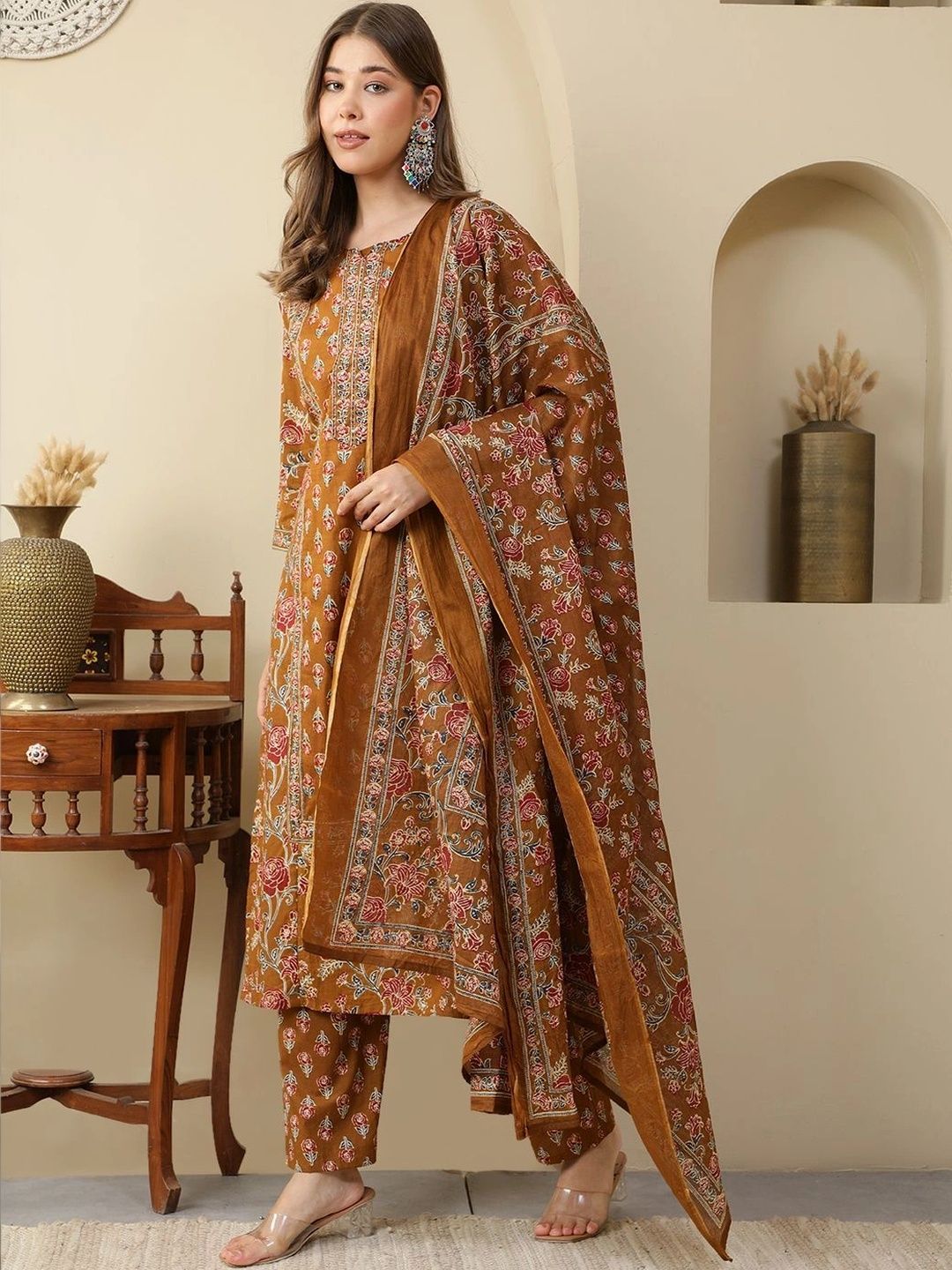 Women Ethnic Motifs Printed Regular Pure Cotton Kurta with Trousers & With Dupatta