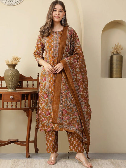 Women Ethnic Motifs Printed Regular Pure Cotton Kurta with Trousers & With Dupatta