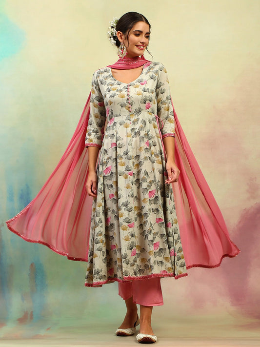 Ethnic Motifs Printed Flared Empire A-Line Kurta With Trousers &Dupatta