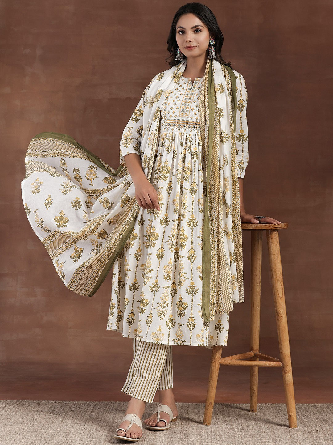 Floral Print Panelled Mirror Work Pure Cotton Anarkali Kurta with Trousers & Dupatta