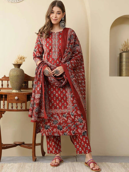 Women Ethnic Motifs Printed Regular Pure Cotton Kurta with Trousers & With Dupatta