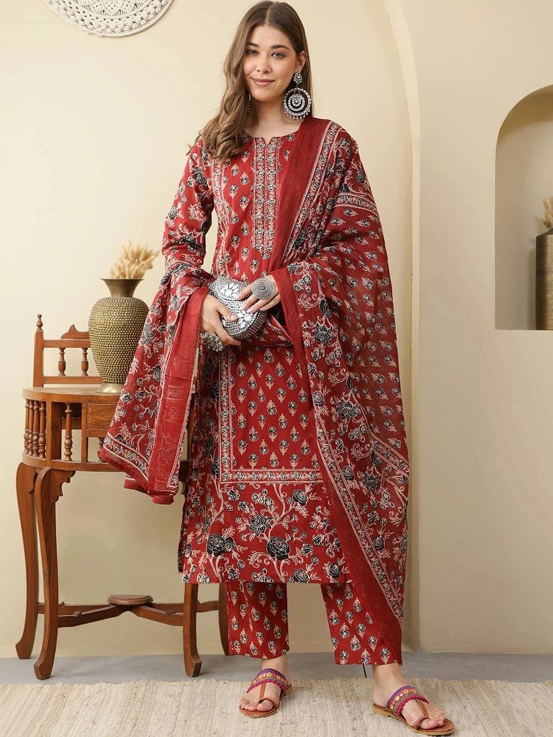 Women Ethnic Motifs Printed Regular Pure Cotton Kurta with Trousers & With Dupatta