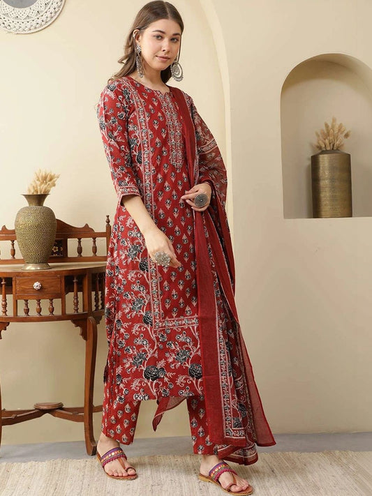 Women Ethnic Motifs Printed Regular Pure Cotton Kurta with Trousers & With Dupatta
