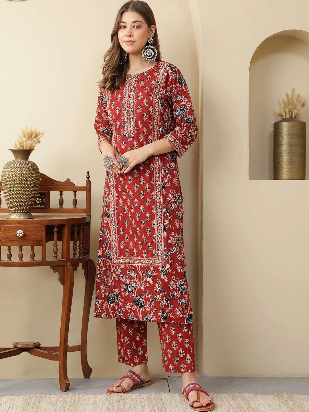 Women Ethnic Motifs Printed Regular Pure Cotton Kurta with Trousers & With Dupatta