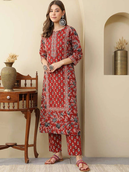 Women Ethnic Motifs Printed Regular Pure Cotton Kurta with Trousers & With Dupatta