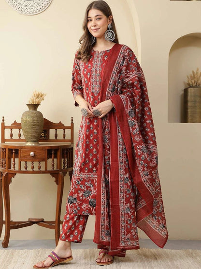 Women Ethnic Motifs Printed Regular Pure Cotton Kurta with Trousers & With Dupatta