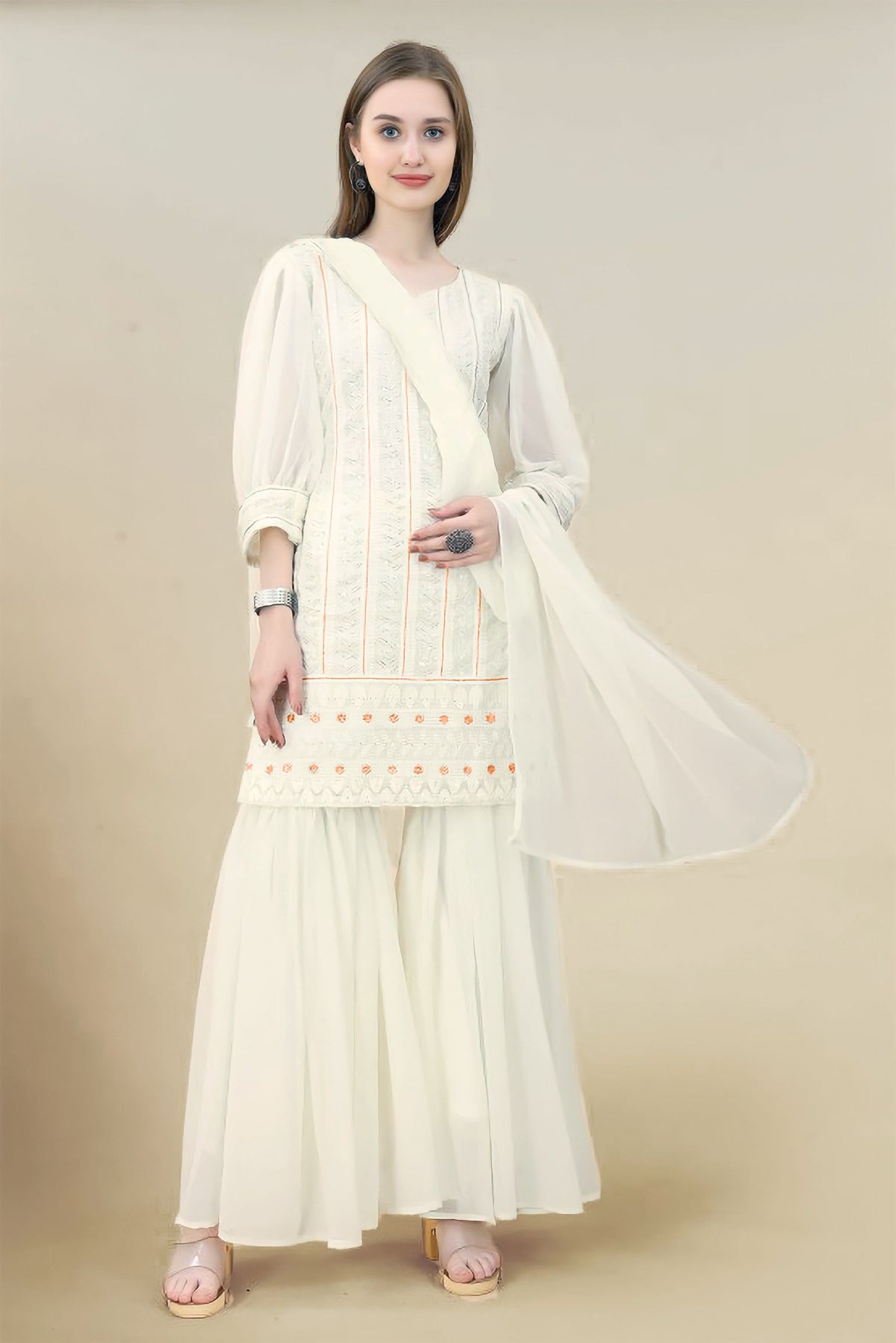 V-Neck Embroidered Sequinned Georgette Straight Kurta With Sharara And Dupatta