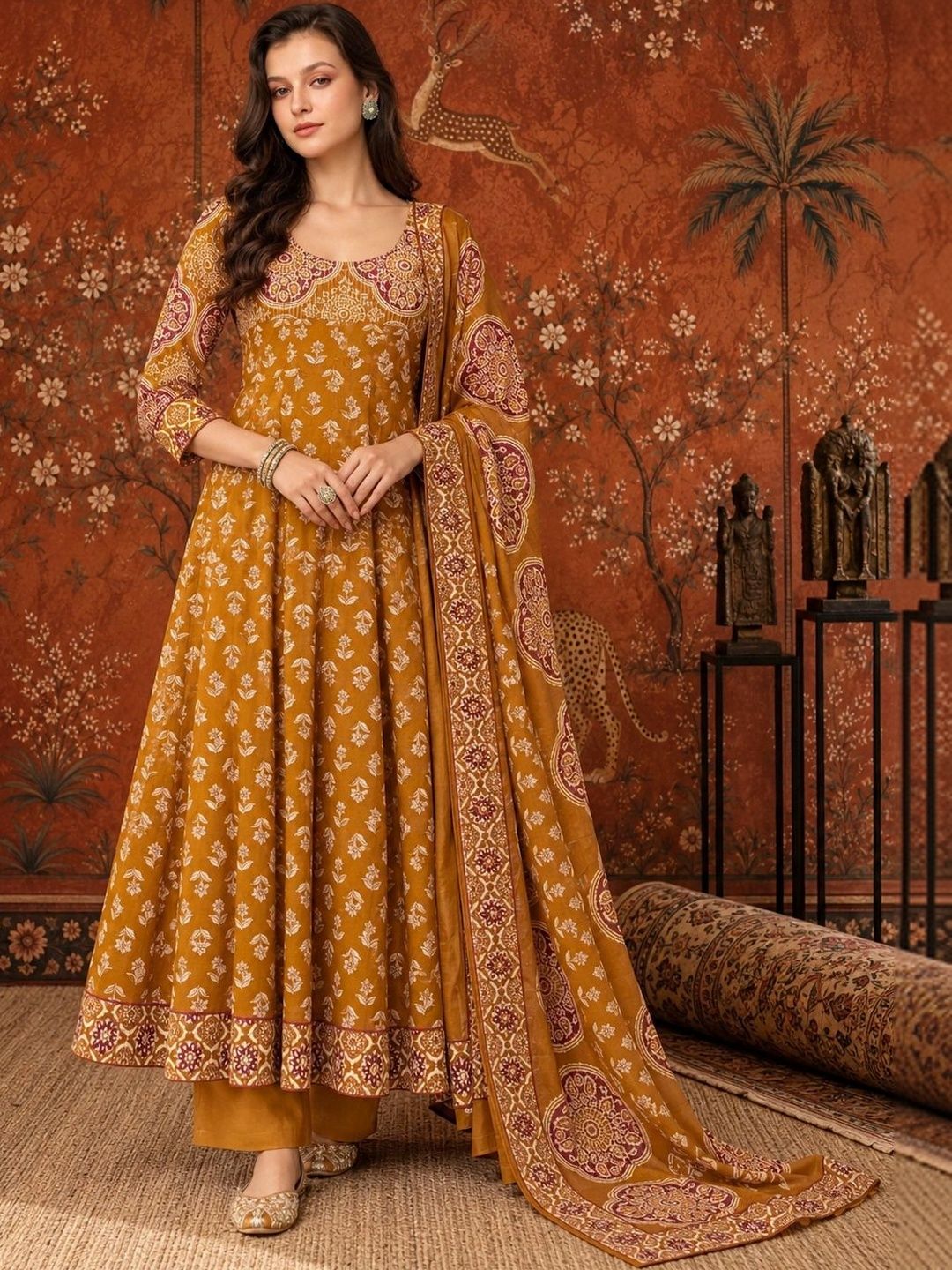 Women Ethnic Motifs Printed Regular Pure Cotton Kurta with Trousers & With Dupatta