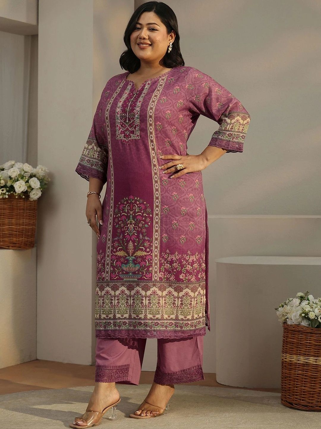 Women Ethnic Motifs Printed Regular Thread Work Linen Kurta with Trousers & With Dupatta