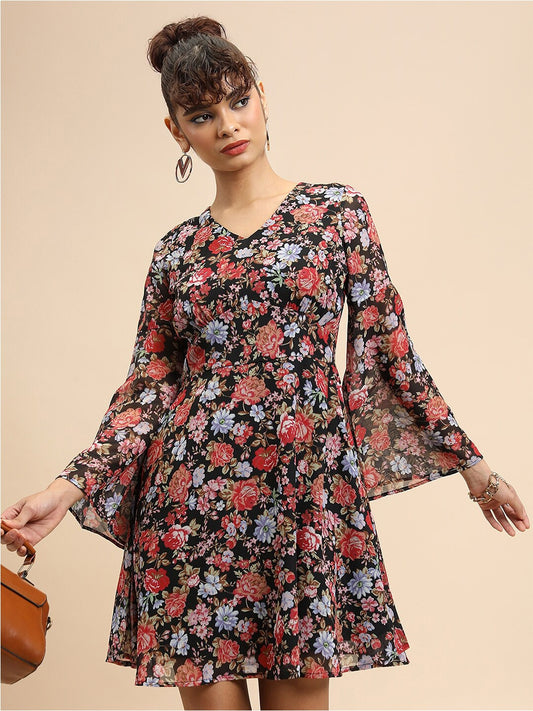 Black & Red Floral Printed Fit & Flare Mini Dress