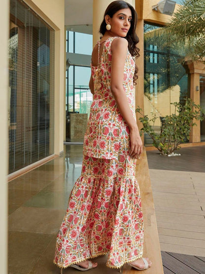 Floral Printed Round Neck Pure Cotton Straight Kurta & Sharara